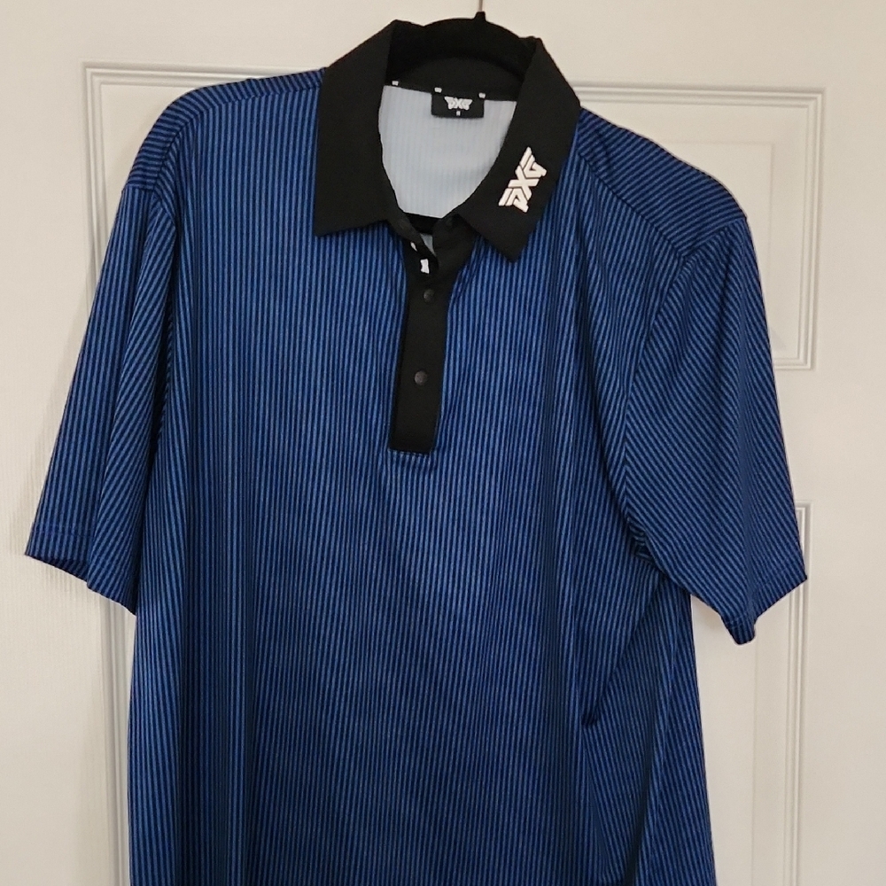 PXG Men's Navy Blue Pinstripe Polo with Black Collar